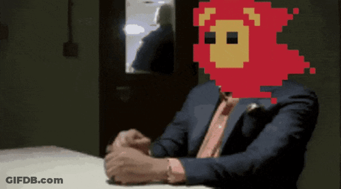Pixelated Man In Suit With Red Lion On Head GIF