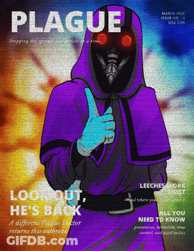 Plague Magazine Cover With Purple Hooded Figure GIF