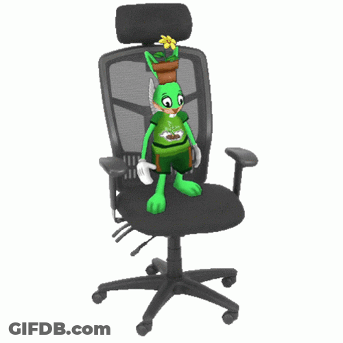 Plantasia Standing On Spinning Black Chair GIF