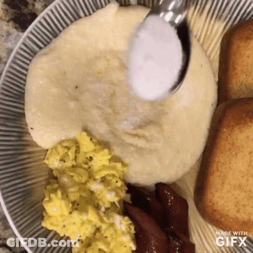 Plate Of Cornbread Eggs And Grits GIF