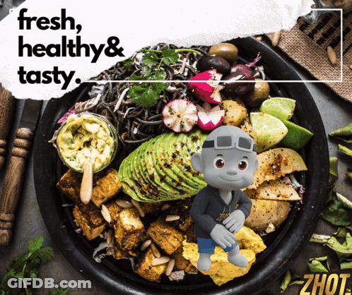 Plate Of Food Saying Fresh Healthy And Tasty GIF
