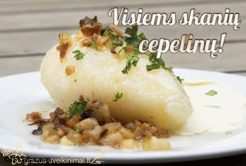 Plate Of Food Saying Visiems Skaniu Cepelinu GIF