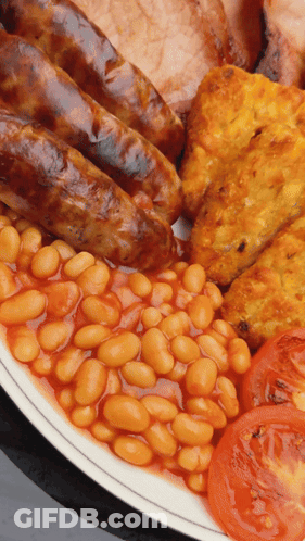 Plate Of Food With Beans And Sausages GIF