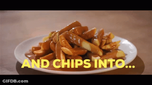 Plate Of Food With Chips And Words GIF
