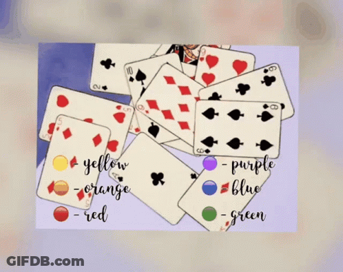Playing Cards And Envelopes With Yellow Orange Purple Blue GIF
