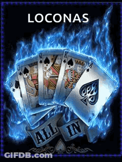 Playing Cards Surrounded By Blue Flames Saying All In GIF