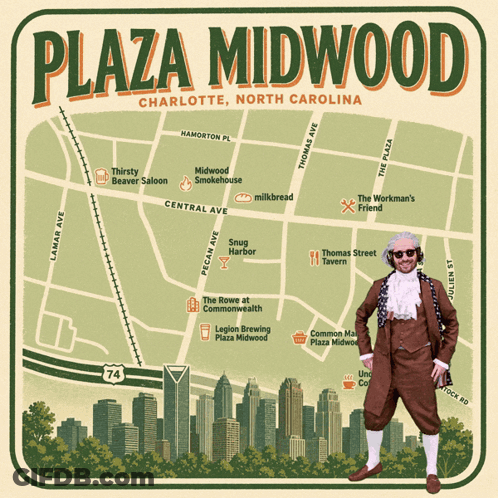 Plaza Midwood Charlotte Map With Man In Brown Suit GIF