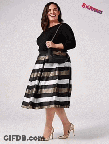Plus Size Woman In Black Top And Striped Skirt GIF
