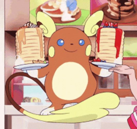 Pokemon Alolan Raichu Holding Plates Of Pancakes GIF
