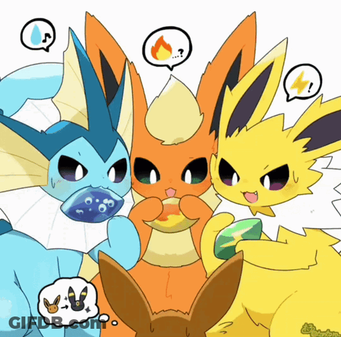 Pokemon Group With Speech Bubbles Saying Water Fire Lightning GIF
