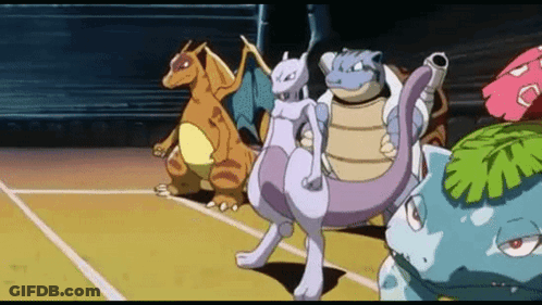 Pokemon Standing On Tennis Court Including Mewtwo GIF