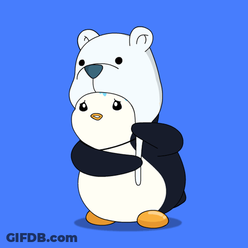 Polar Bear Holding Penguin With Stick In Mouth GIF