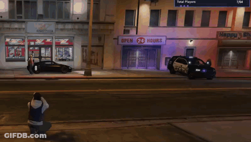 Police Car Parked In Front Of Happy Shop GIF