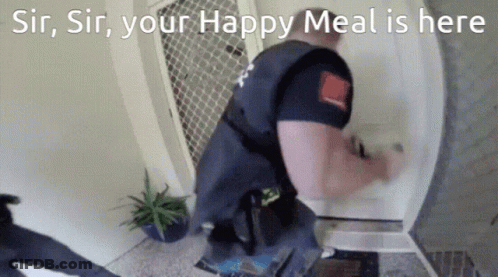 Police Officer At Door Saying Sir Sir Your Happy Meal Is Here GIF