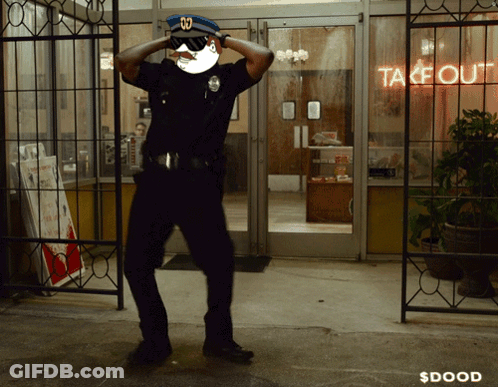 Police Officer Dancing Outside Takeout Restaurant GIF