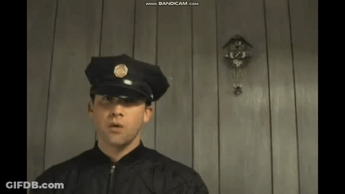 Police Officer In Black Uniform By Wooden Wall GIF