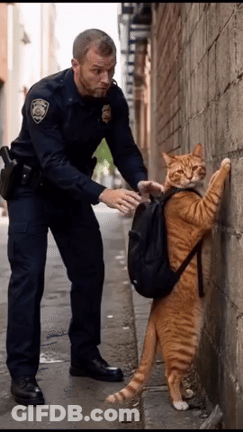 Police Officer Petting Cat With Backpack GIF