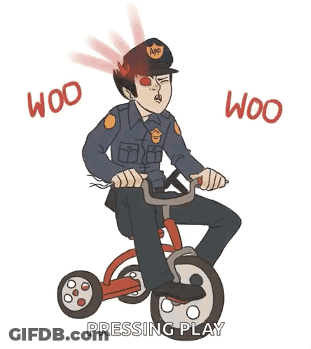 Police Officer Riding Tricycle Pressing Play GIF