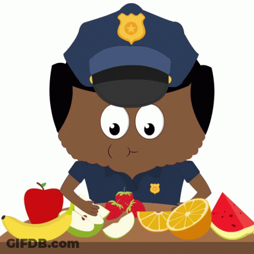 Police Officer Surrounded By Fruit GIF