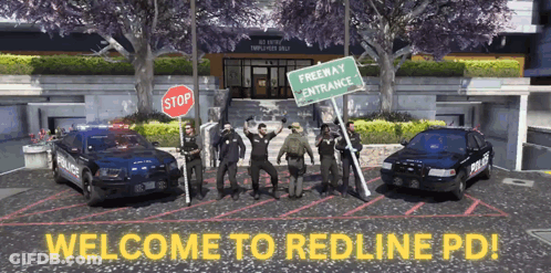 Police Officers Holding Freeway Entrance Signs GIF