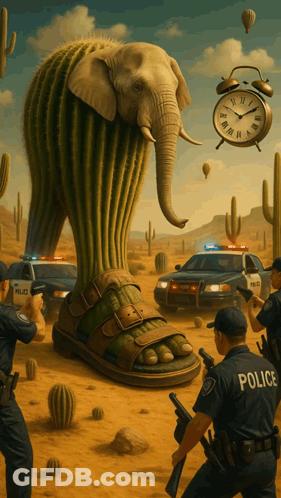 Police Officers Standing Near Giant Elephant In Desert GIF