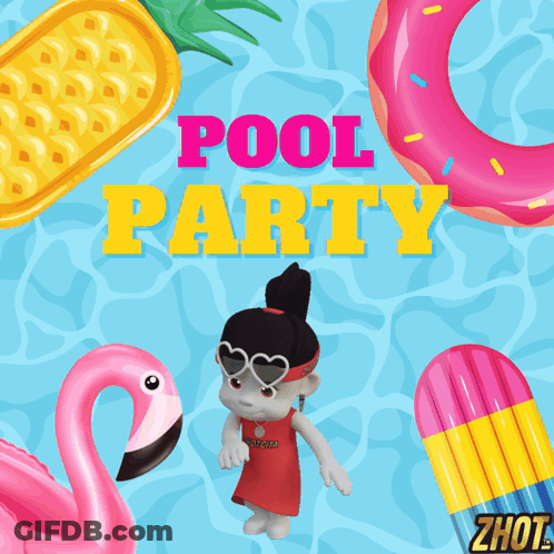 Pool Party Poster With Flamingo And Girl GIF