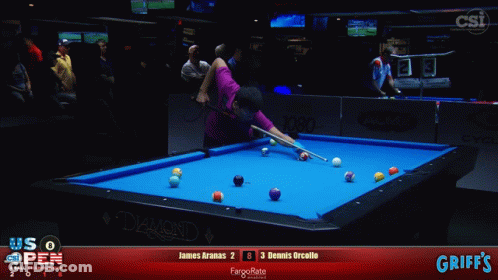 Pool Table With Blue Cloth And Man Holding Cue GIF