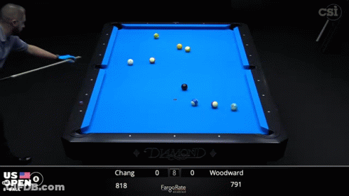 Pool Table With Blue Cloth And Person Holding Cue GIF