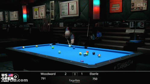 Pool Table With Scoreboard Saying Woodward 2 Eberle 750 GIF