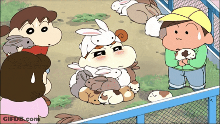 Poor Crayon Shin Chan Covered With Rabbits GIF