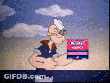 Popeye Is Holding A Box Of Benadryl Allergy Tablets GIF