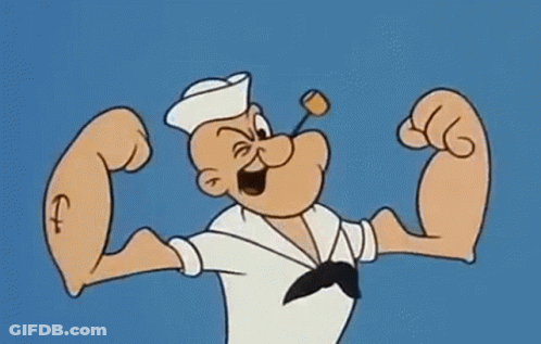 Popeye The Sailor Is Flexing His Muscles In A Cartoon While Holding A Pipe . GIF