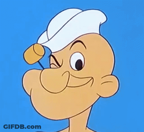 Popeye The Sailor Is Wearing A White Hat And Holding A Microphone In His Mouth . GIF