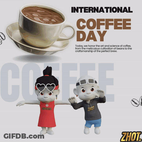 Poster For International Coffee Day With Cartoon Characters GIF