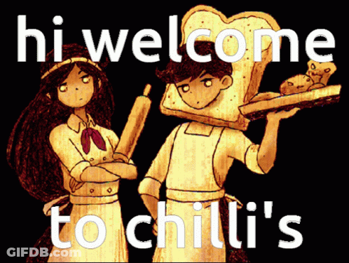 Poster Saying Hi Welcome To Chili's With Girl And Boy GIF