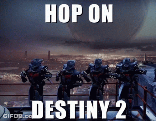 Poster Saying Hop On Destiny 2 With Soldiers On Balcony GIF