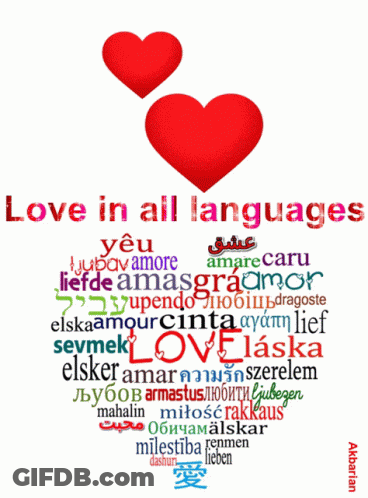 Poster Saying Love In All Languages With Two Hearts GIF