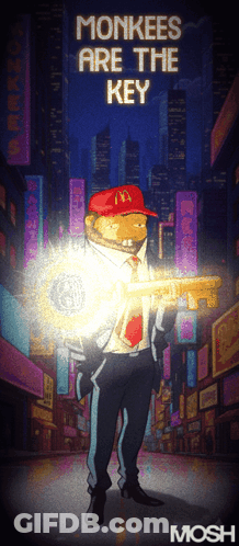 Poster Saying Monkees Are The Key With Man In Red Hat GIF
