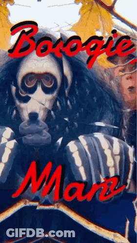 Poster With Skeleton Wearing Gas Mask And Boogie Man GIF