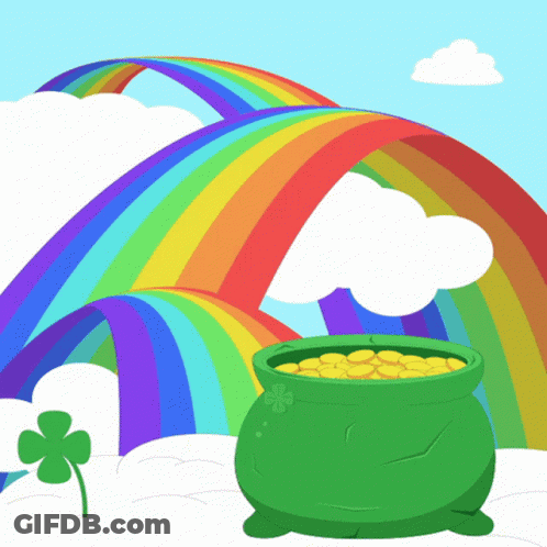 Pot Of Gold In Front Of Rainbow And Clouds GIF