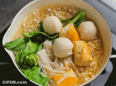Pot Of Soup With Meatballs Noodles And Vegetables GIF