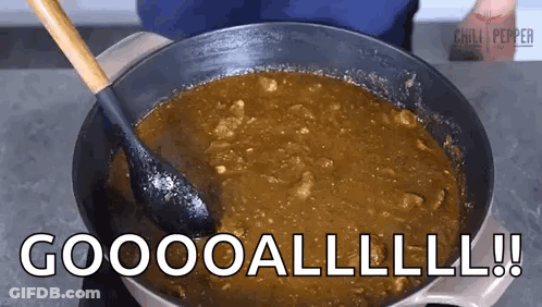 Pot Of Stew With Spoon Saying Gooooalllll GIF
