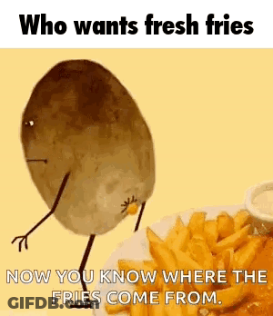 Potato With Arms And Legs Walking Beside French Fries GIF