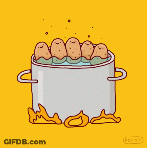 Potatoes Are Boiling In A Pot With Flames Coming Out Of The Pot GIF