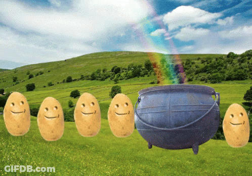 Potatoes With Smiley Faces Lined Up Next To Cauldron GIF