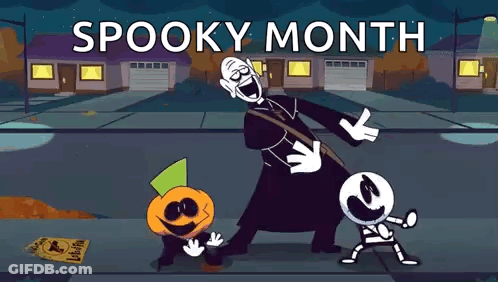 Priest Pumpkin And Skeleton Dancing On Sidewalk GIF