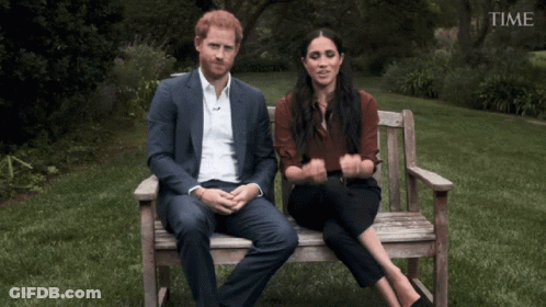 Prince Harry And Meghan Markle On Wooden Bench With TIME Logo GIF