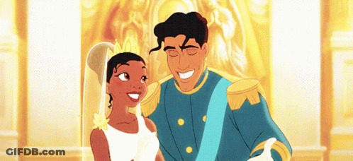 Princess And Frog Bride And Groom Standing Together GIF