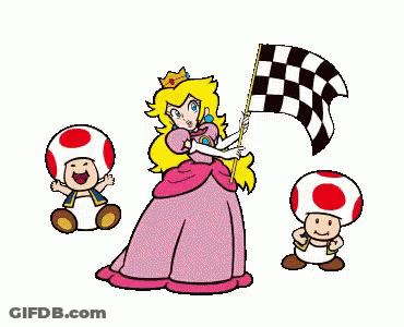 Princess Peach Is Holding A Checkered Flag With Two Toads GIF