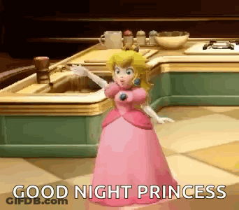 Princess Peach Is Standing In Front Of A Sink In A Kitchen . GIF